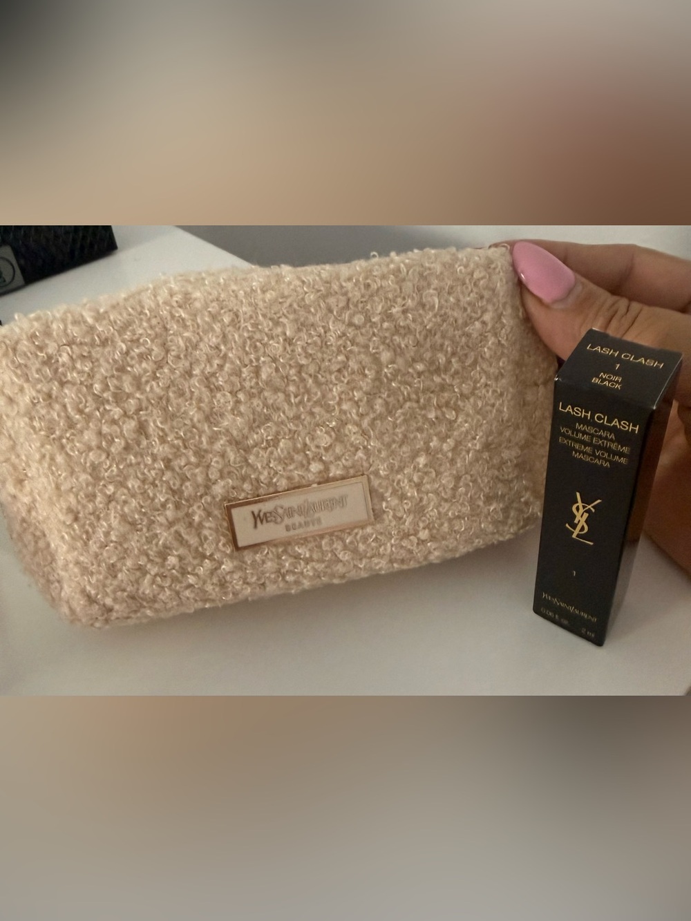Yves Saint Laurent small Cream Bouclé Cosmetic Pouch with travel size mascara